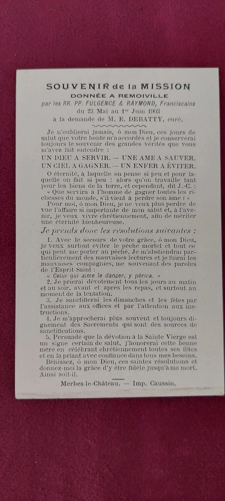 Image pieuse ancienne - Souvenir de Mission Remoiville 1903 - Canivet – photo 2